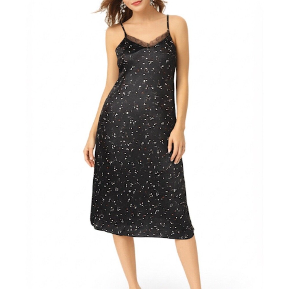 *Vintage Y2K Inner Most star print black satin slip dress Chemise Midi‎ Size L